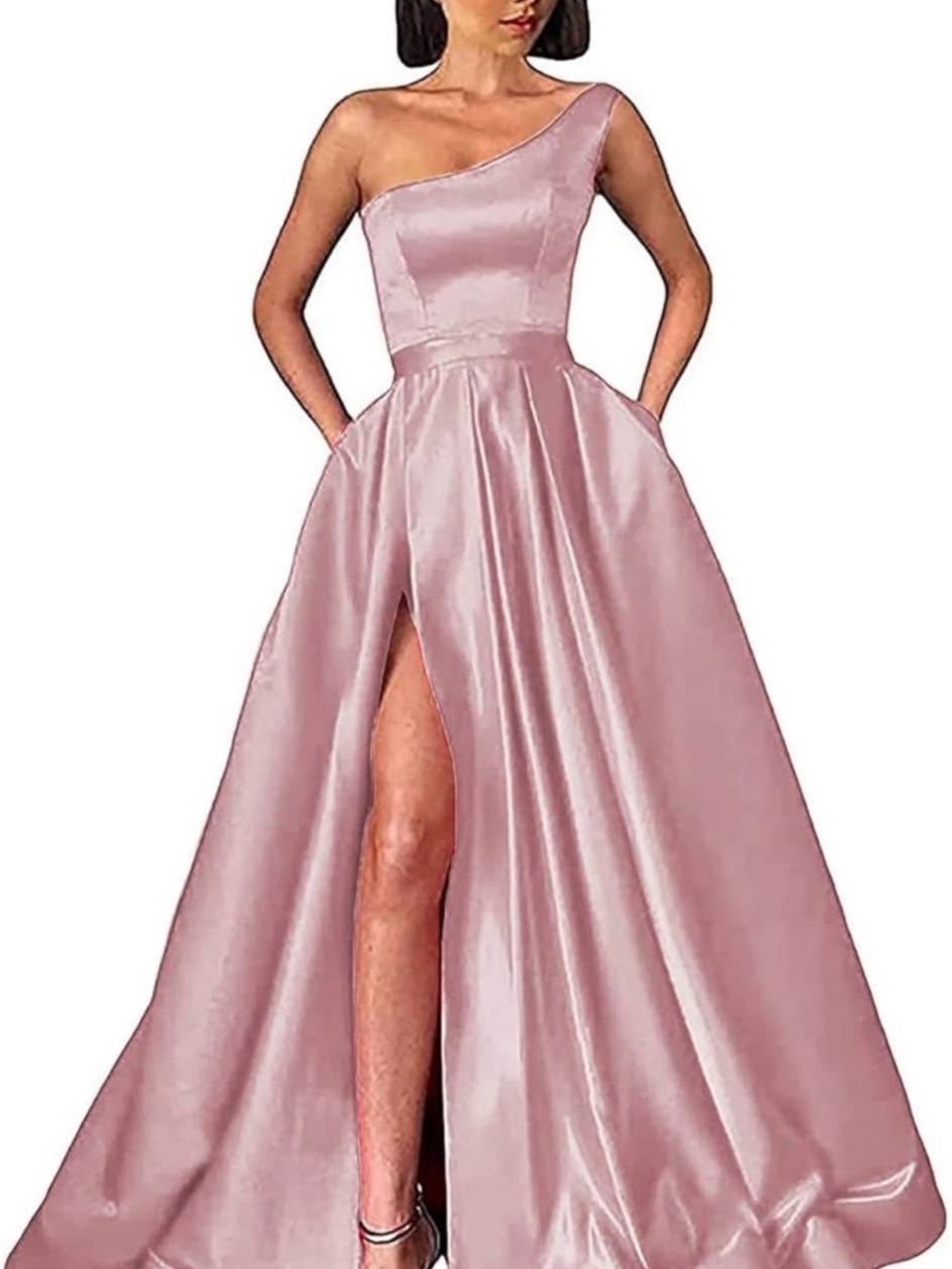 Amazon One-Shoulder Blush Pink Satin Prom Gown